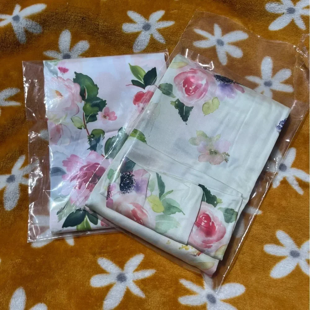 TWO 100% Lyocell NEW 'TELUS' Pillowcases Beige Floral Standard Size Covers